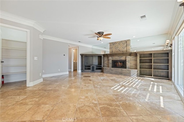 29 Hemingway Ct, Trabuco Canyon, CA 92679 - unfurnished living room featuring a ceiling fan, crown molding, built in features, and a brick fireplace