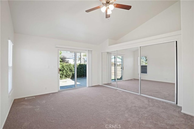 20060 Canyon View Dr, Canyon Country, CA 91351 - unfurnished bedroom with access to exterior, carpet floors, a closet, high vaulted ceiling, and a ceiling fan