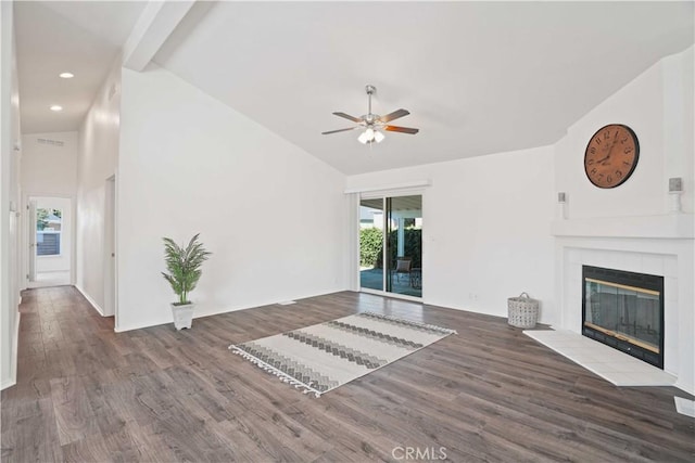 20060 Canyon View Dr, Canyon Country, CA 91351 - unfurnished living room featuring a ceiling fan, wood finished floors, a tiled fireplace, high vaulted ceiling, and recessed lighting