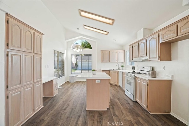 20060 Canyon View Dr, Canyon Country, CA 91351 - kitchen featuring gas range gas stove, light brown cabinetry, under cabinet range hood, plenty of natural light, and vaulted ceiling