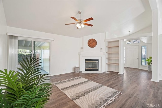 20060 Canyon View Dr, Canyon Country, CA 91351 - unfurnished living room with a ceiling fan, wood finished floors, a fireplace, and lofted ceiling