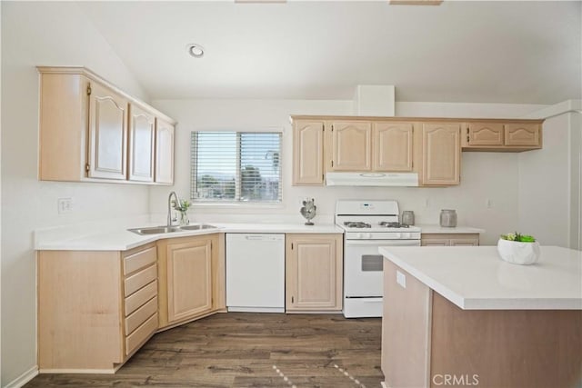 20060 Canyon View Dr, Canyon Country, CA 91351 - kitchen featuring white appliances, under cabinet range hood, light brown cabinets, light countertops, and vaulted ceiling