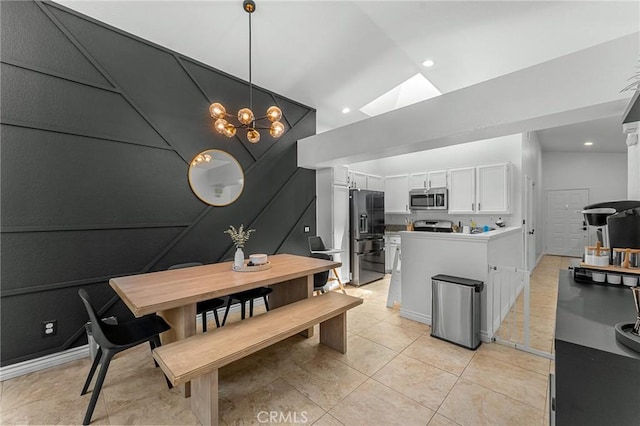22792 Springdale Dr, Moreno Valley, CA 92557 - dining space with a skylight, light tile patterned flooring, vaulted ceiling, and a chandelier