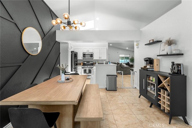 22792 Springdale Dr, Moreno Valley, CA 92557 - dining space with lofted ceiling, a chandelier, and light tile patterned floors