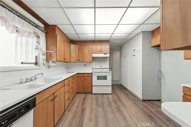 1181 Sandlewood Dr, Hemet, CA 92543 - kitchen with white appliances, light countertops, light wood-style floors, under cabinet range hood, and a paneled ceiling