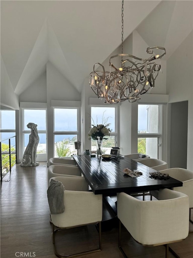 766 Pelican Dr, Laguna Beach, CA 92651 - dining room with a chandelier, wood finished floors, and high vaulted ceiling