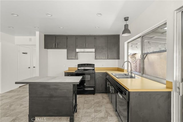 1824 Greenleaf Dr, West Covina, CA 91792 - kitchen with black appliances, under cabinet range hood, light countertops, decorative light fixtures, and a kitchen island