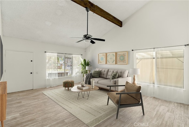 1824 Greenleaf Dr, West Covina, CA 91792 - living room featuring light wood finished floors, a ceiling fan, beamed ceiling, a textured ceiling, and high vaulted ceiling