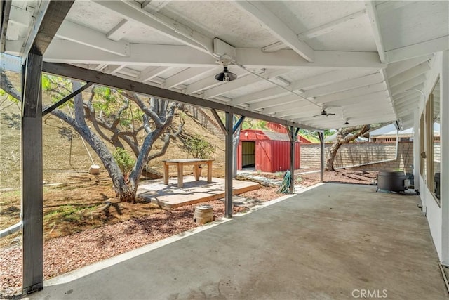 1824 Greenleaf Dr, West Covina, CA 91792 - view of patio with a storage unit and a ceiling fan
