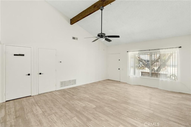 1824 Greenleaf Dr, West Covina, CA 91792 - unfurnished living room featuring wood finished floors, a ceiling fan, beam ceiling, and high vaulted ceiling