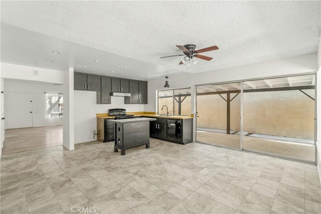1824 Greenleaf Dr, West Covina, CA 91792 - kitchen with a textured ceiling, under cabinet range hood, black electric range oven, dark cabinets, and ceiling fan