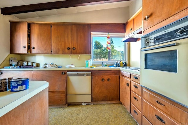 2151 Catalina Ave, Vista, CA 92084 - kitchen with dishwasher, white oven, under cabinet range hood, light countertops, and brown cabinetry