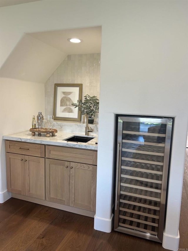4051 Avenida Brisa, Rancho Santa Fe, CA 92091 - indoor wet bar with wine cooler, dark wood-type flooring, and lofted ceiling