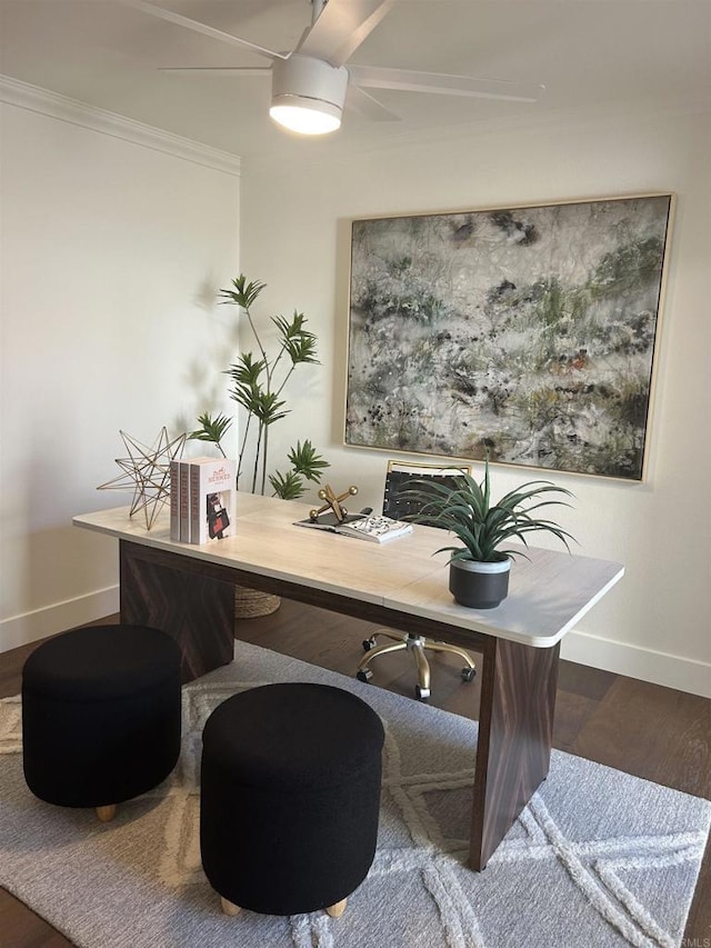 4051 Avenida Brisa, Rancho Santa Fe, CA 92091 - office area with a ceiling fan, wood finished floors, and crown molding