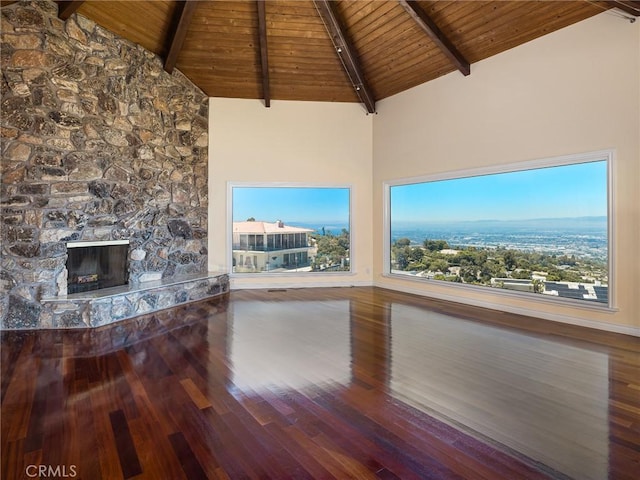3311 Crownview Dr, Rancho Palos Verdes, CA 90275 - unfurnished living room featuring a wood ceiling with exposed beams, wood finished floors, a fireplace, and high vaulted ceiling