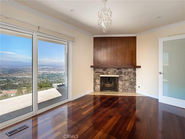 3311 Crownview Dr, Rancho Palos Verdes, CA 90275 - unfurnished living room featuring wood finished floors, a chandelier, crown molding, and a fireplace
