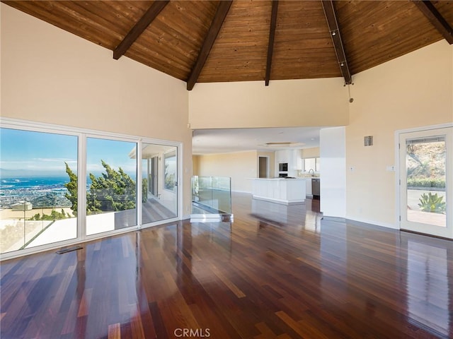 3311 Crownview Dr, Rancho Palos Verdes, CA 90275 - unfurnished living room featuring a wooden ceiling with exposed beams, high vaulted ceiling, and wood finished floors