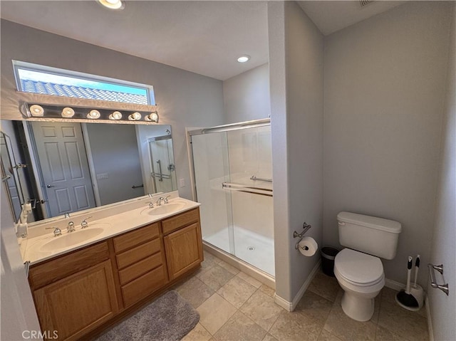 11115 Sun River Ct, Apple Valley, CA 92308 - full bath featuring a shower stall, double vanity, recessed lighting, and tile patterned floors