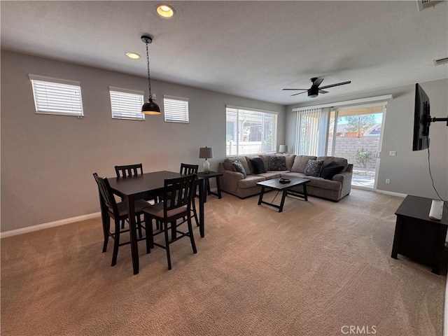 11115 Sun River Ct, Apple Valley, CA 92308 - dining area featuring light carpet, ceiling fan, and recessed lighting