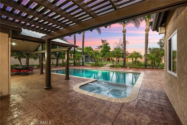 5829 Zapata Pl, Rancho Cucamonga, CA 91737 - pool at dusk with a pergola, a patio area, and a pool with connected hot tub