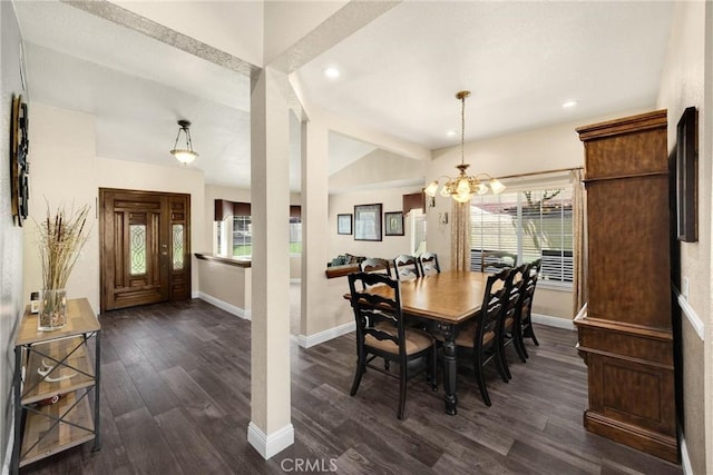5829 Zapata Pl, Rancho Cucamonga, CA 91737 - dining area with dark wood-style flooring, plenty of natural light, a chandelier, recessed lighting, and lofted ceiling