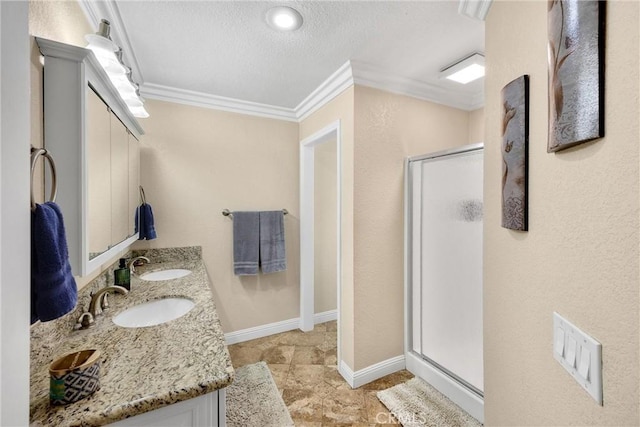 5829 Zapata Pl, Rancho Cucamonga, CA 91737 - bathroom with crown molding, a shower stall, a textured ceiling, and double vanity