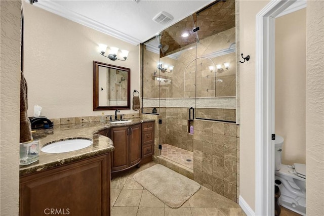 5829 Zapata Pl, Rancho Cucamonga, CA 91737 - full bath featuring a stall shower, vanity, tile patterned flooring, and ornamental molding