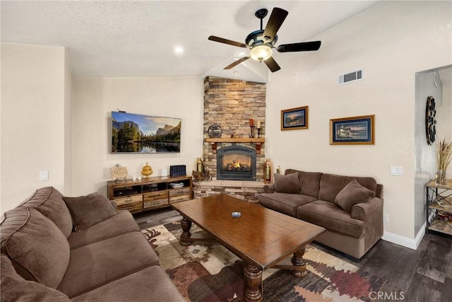 5829 Zapata Pl, Rancho Cucamonga, CA 91737 - living room with wood finished floors, lofted ceiling, ceiling fan, and a fireplace