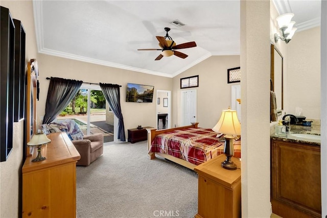 5829 Zapata Pl, Rancho Cucamonga, CA 91737 - bedroom with access to exterior, carpet, lofted ceiling, ornamental molding, and a ceiling fan