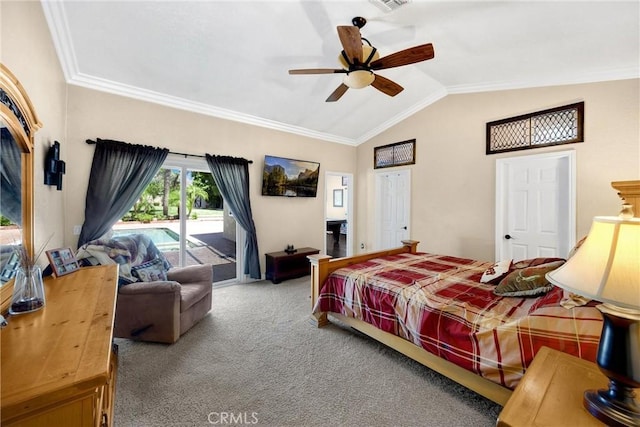 5829 Zapata Pl, Rancho Cucamonga, CA 91737 - bedroom featuring access to exterior, carpet, vaulted ceiling, crown molding, and a ceiling fan