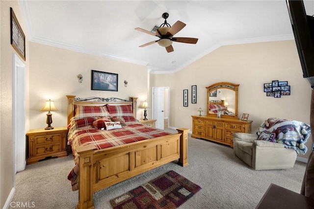 5829 Zapata Pl, Rancho Cucamonga, CA 91737 - bedroom with light carpet, ornamental molding, lofted ceiling, and a ceiling fan