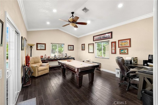 5829 Zapata Pl, Rancho Cucamonga, CA 91737 - playroom featuring a ceiling fan, dark wood-style flooring, billiards, lofted ceiling, and crown molding