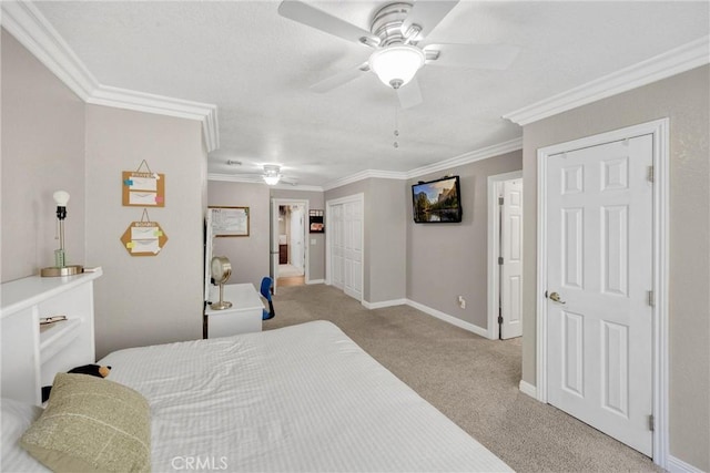 5829 Zapata Pl, Rancho Cucamonga, CA 91737 - bedroom featuring light carpet, ornamental molding, and a ceiling fan