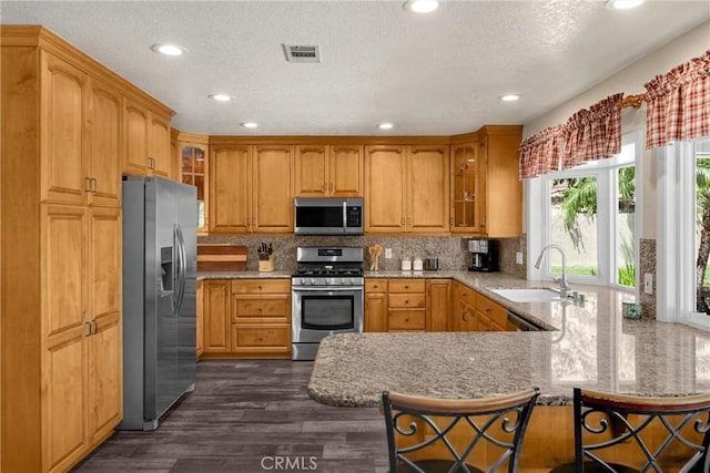 5829 Zapata Pl, Rancho Cucamonga, CA 91737 - kitchen with appliances with stainless steel finishes, a peninsula, recessed lighting, dark wood finished floors, and decorative backsplash
