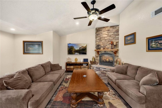 5829 Zapata Pl, Rancho Cucamonga, CA 91737 - living area featuring a ceiling fan, vaulted ceiling, a fireplace, and recessed lighting
