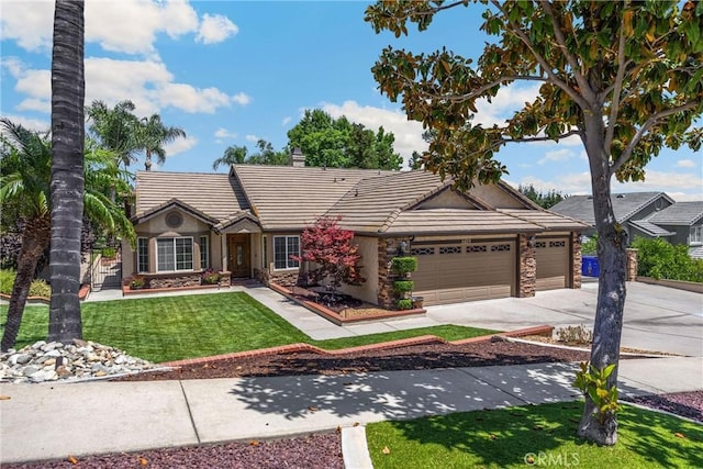 5829 Zapata Pl, Rancho Cucamonga, CA 91737 - ranch-style home with a garage, a tile roof, concrete driveway, a front yard, and a chimney
