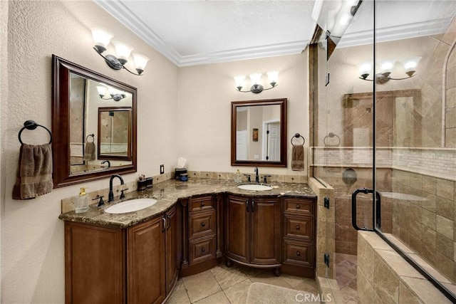 5829 Zapata Pl, Rancho Cucamonga, CA 91737 - full bath featuring crown molding, double vanity, a stall shower, and tile patterned floors