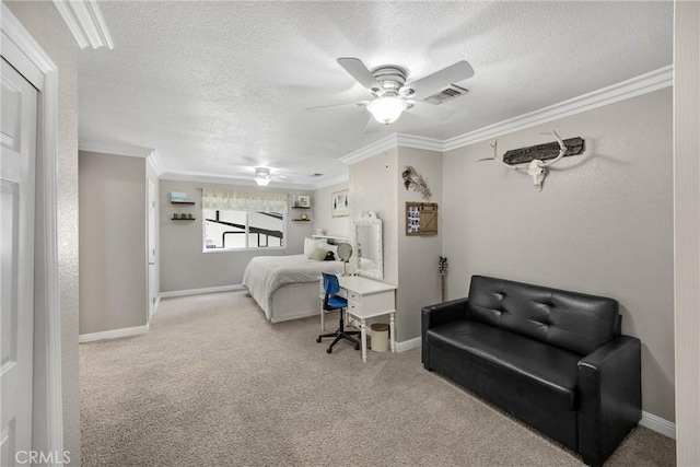 5829 Zapata Pl, Rancho Cucamonga, CA 91737 - bedroom with crown molding, carpet floors, a textured ceiling, and a ceiling fan