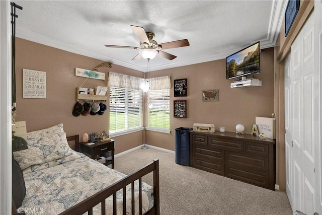 5829 Zapata Pl, Rancho Cucamonga, CA 91737 - carpeted bedroom with ornamental molding, a textured ceiling, and ceiling fan