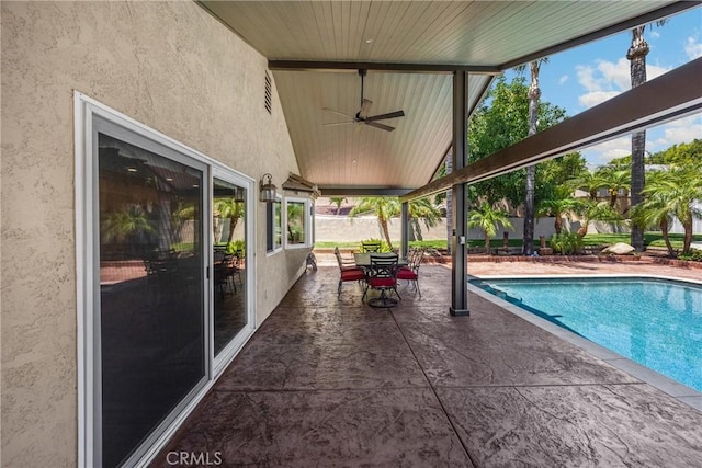 5829 Zapata Pl, Rancho Cucamonga, CA 91737 - outdoor pool with ceiling fan, a patio area, and outdoor dining area