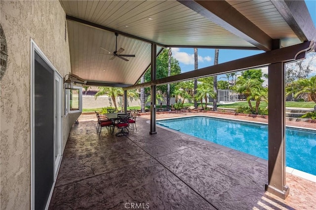 5829 Zapata Pl, Rancho Cucamonga, CA 91737 - outdoor pool featuring ceiling fan and a patio