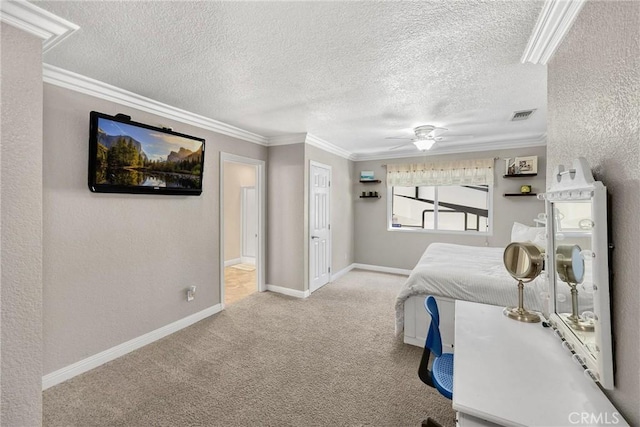 5829 Zapata Pl, Rancho Cucamonga, CA 91737 - carpeted bedroom with crown molding, a textured ceiling, and ceiling fan