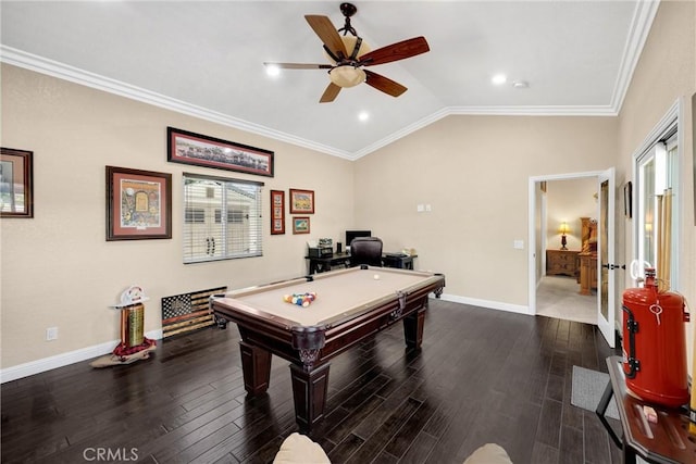 5829 Zapata Pl, Rancho Cucamonga, CA 91737 - rec room featuring dark wood-type flooring, a ceiling fan, pool table, vaulted ceiling, and healthy amount of natural light