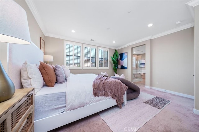 111 Spoke, Irvine, CA 92618 - bedroom featuring carpet floors, ornamental molding, recessed lighting, and connected bathroom