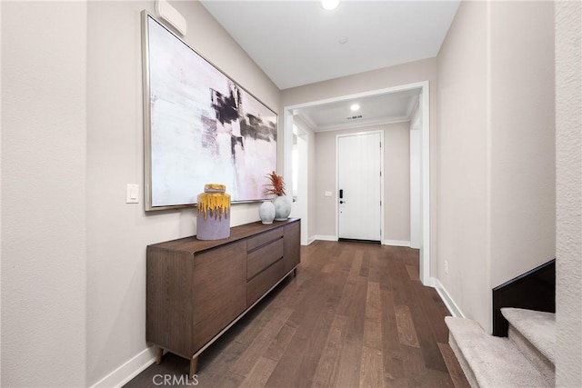 111 Spoke, Irvine, CA 92618 - hall featuring dark wood finished floors, crown molding, and recessed lighting