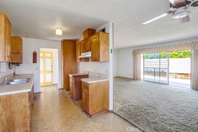 1361 Monterey Ct, Chula Vista, CA 91911 - kitchen with under cabinet range hood, light countertops, a ceiling fan, brown cabinetry, and a textured ceiling