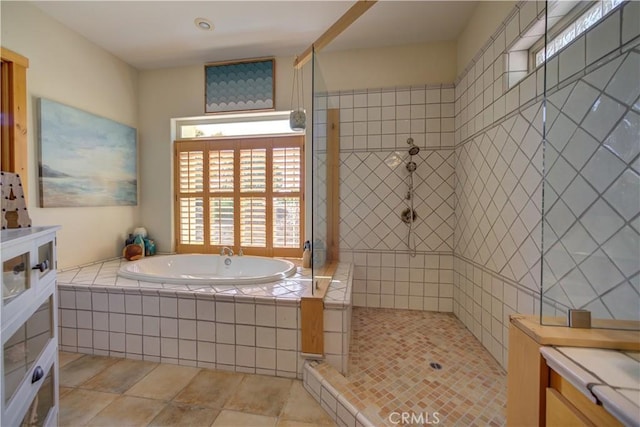 670 Highland Hills Rd, Nipomo, CA 93444 - bathroom featuring a tile shower, a bath, vanity, and tile patterned flooring