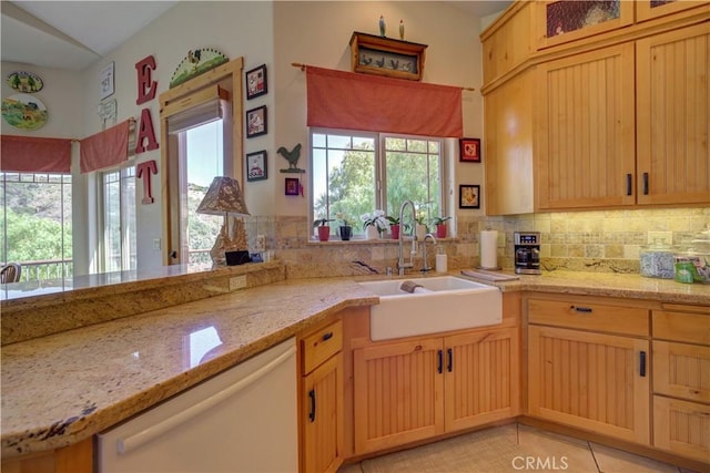 670 Highland Hills Rd, Nipomo, CA 93444 - kitchen featuring dishwasher, backsplash, light stone counters, and glass insert cabinets