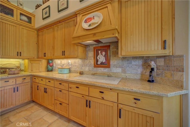 670 Highland Hills Rd, Nipomo, CA 93444 - kitchen featuring white electric stovetop, premium range hood, light brown cabinets, and decorative backsplash
