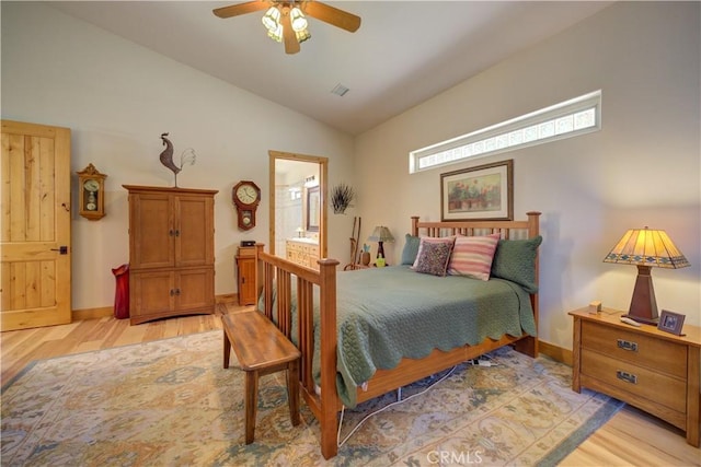 670 Highland Hills Rd, Nipomo, CA 93444 - bedroom with vaulted ceiling, light wood finished floors, connected bathroom, and ceiling fan